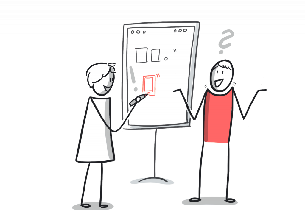 Visualisierung. Eine Person zeigt einer anderen am Flipchart wie man aus einfachen Formen ein Handy zeichnet.