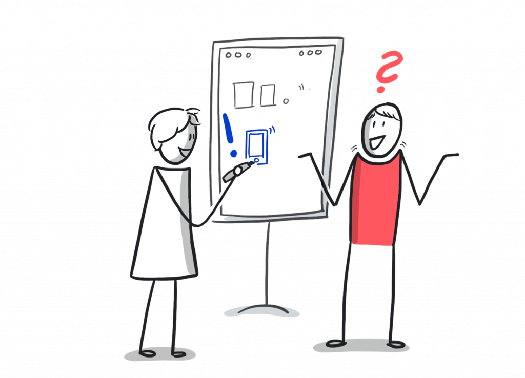 Visualisierungs-Workshop. Zwei Personen stehen vor einem Flipchart. Eine Person weiß nicht, wie sie visualisieren kann und zuckt die Achseln. Die andere Person zeigt ihr wie man Schritt-für-Schritt ein Smartphone-Symbol zeichnen kann.